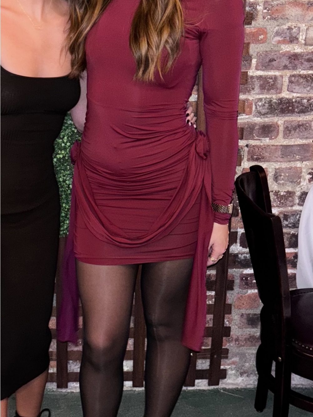 Lioness Burgundy Ruched Long-Sleeve Mini Dress with Side Ties